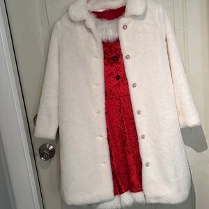White Faux Fur Coat with Red Dress